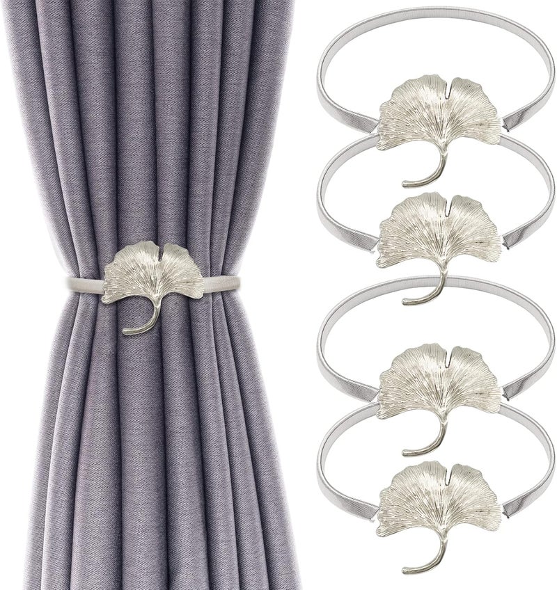 LLPMutu 4Pack Curtain Tiebacks Aluminum Alloy Spring Design Curtain Holdback Leaf Carving Design Curtain Ties for Drapes Curtain Ties Backs Curtain Modern Style Curtain Holdback Decor (Silver Ginkgo) - Image 1